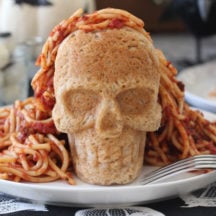 Homemade Spaghetti with a Skull Bun - Trick or Treat?