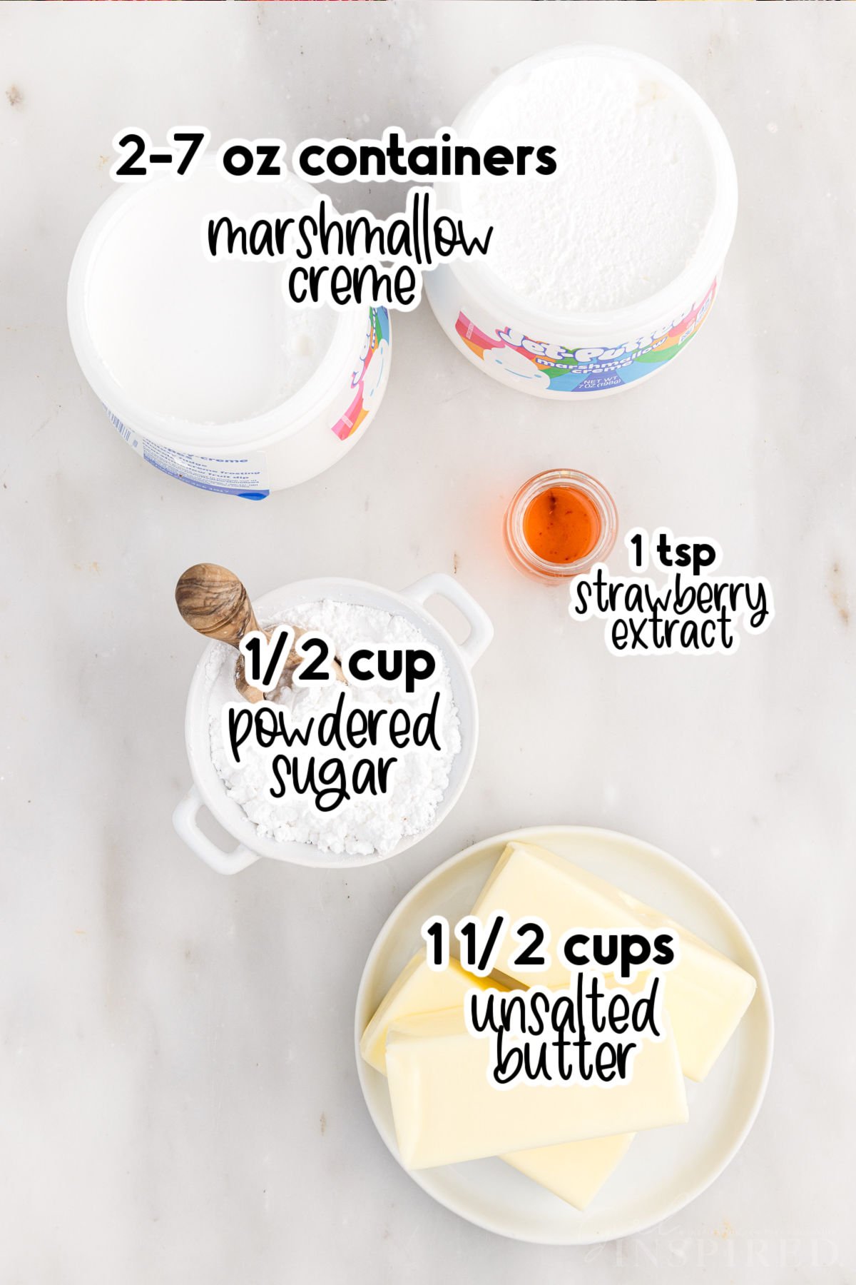 Individual ingredients for strawberry frosting - containers of marshmallow creme, powdered sugar, butter, strawberry extract with text labels.