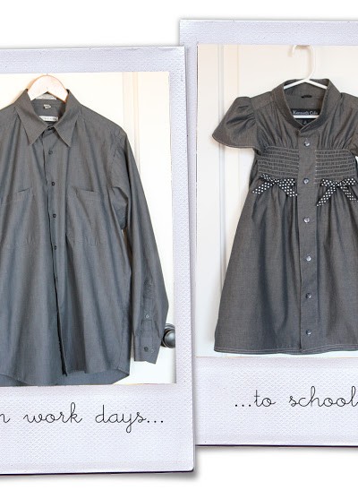 side by side before and after photo of men's work shirt and girl's dress