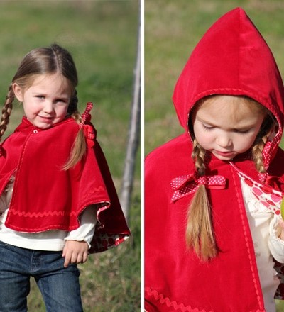 side by side photos of girl wearing red cape, one with hood up, carrying a picnic basket