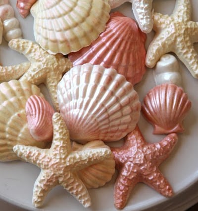 pearlescent peach and white molded candy seashells - starfish, shells, pearls