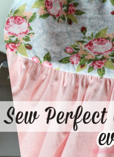 blue floral and pink dress, sewing machine foot, and text overlay