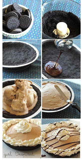 photo collage showing step by step of Oreos being crushed in food processor and pressed into pie plate, drizzling fudge sauce over the crust and topping with coffee ice cream then decorating with whipped cream and chocolate ganache.