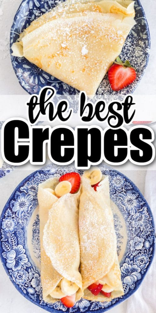two crepes rolled with bananas and strawberries inside on a blue plate and folded crepes on blue plate