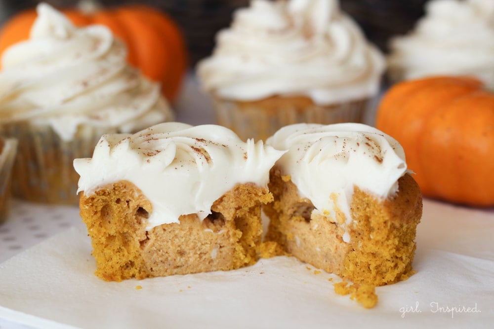 Pumpkin pie filled cupcakes with cream cheese icing!