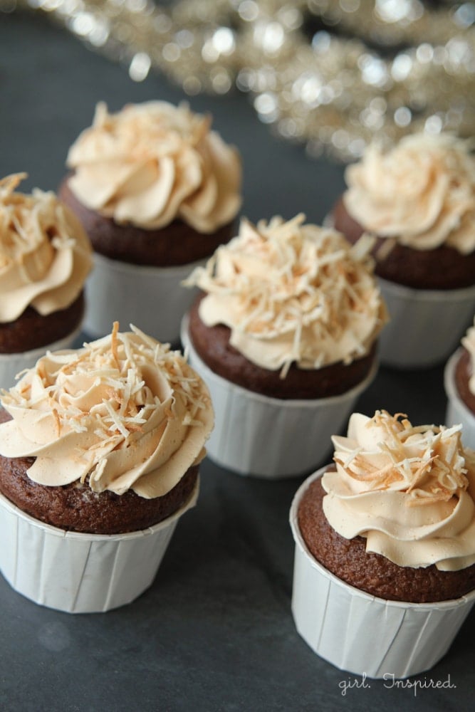 filled German Chocolate cupcakes with caramel buttercream - these are amazing.