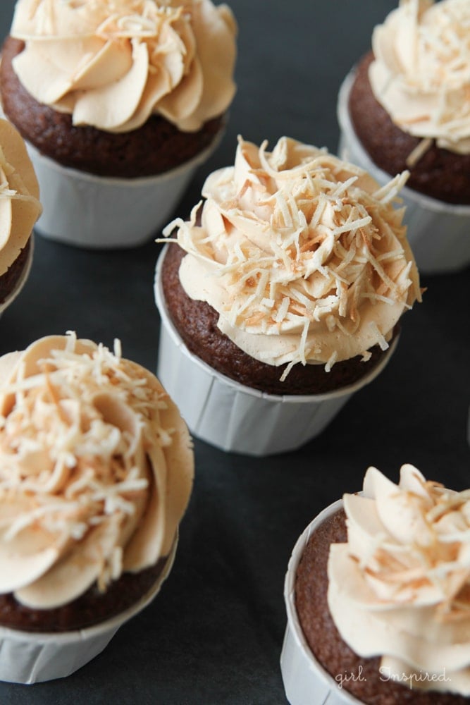 filled German Chocolate cupcakes with caramel buttercream - these are amazing.