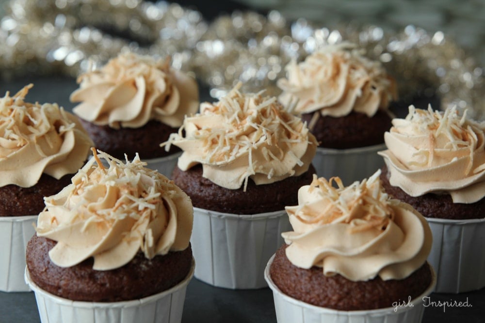 filled German Chocolate cupcakes with caramel buttercream - these are amazing.