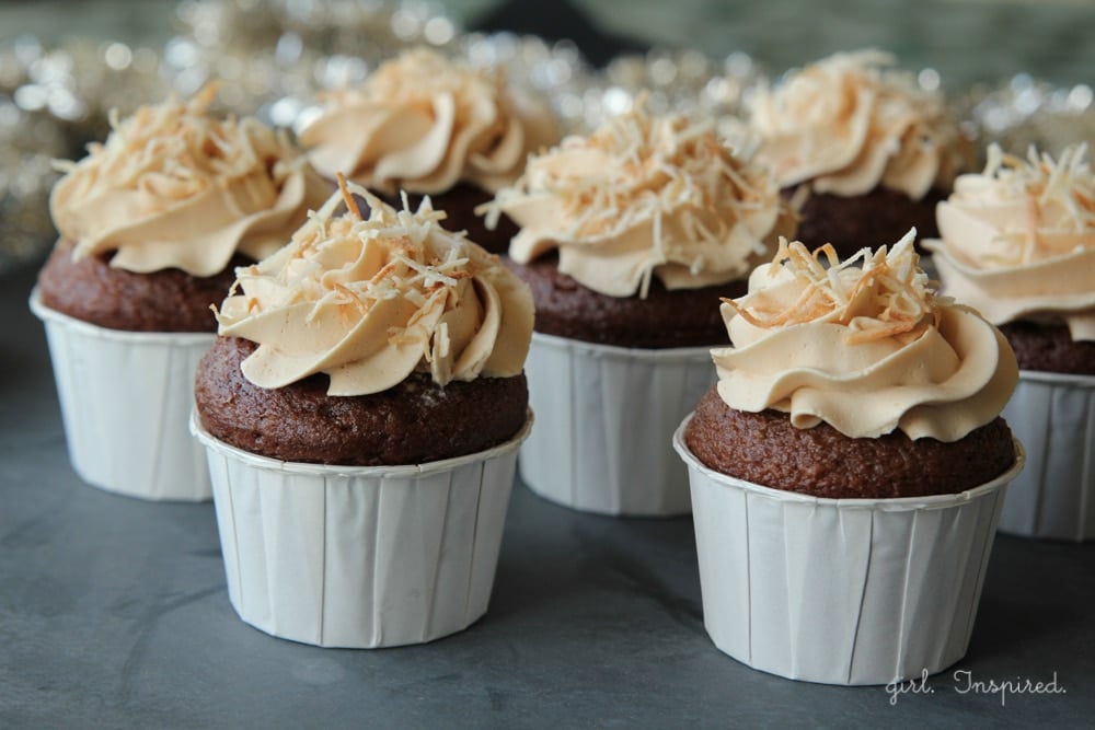 filled German Chocolate cupcakes with caramel buttercream - these are amazing.