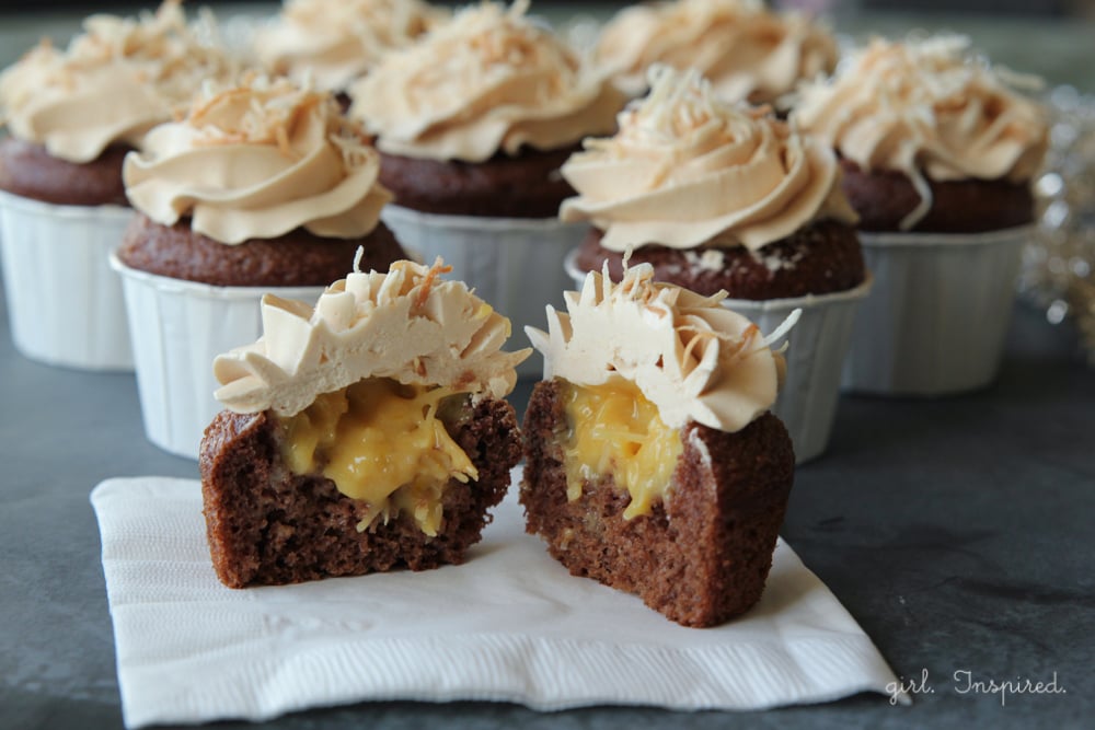 filled German Chocolate cupcakes with caramel buttercream - these are amazing.