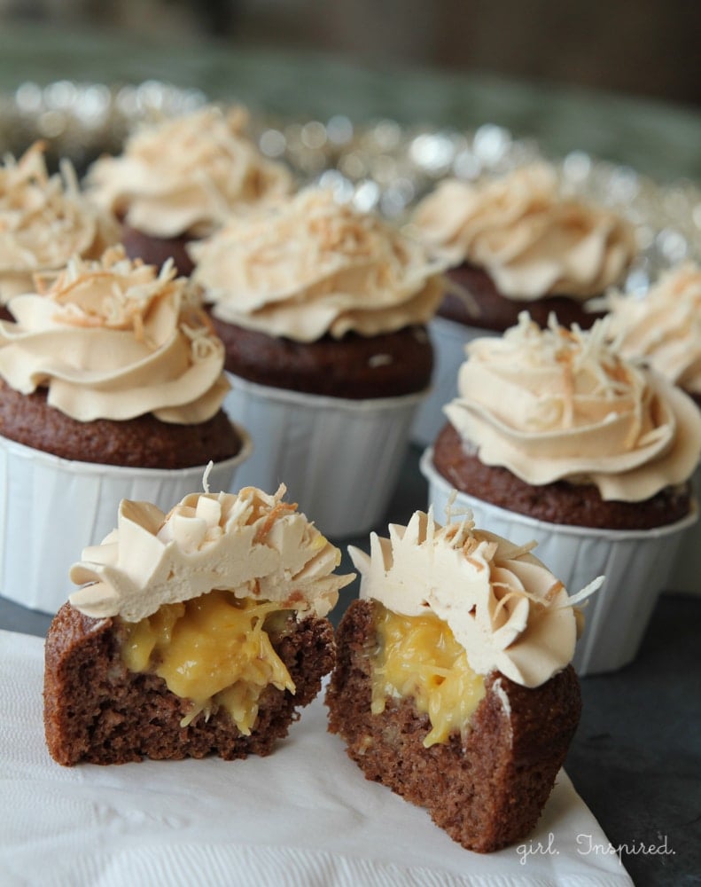 filled German Chocolate cupcakes with caramel buttercream - these are amazing.