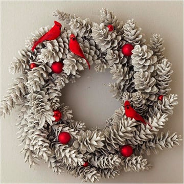 pinecone wreath with red cardinals