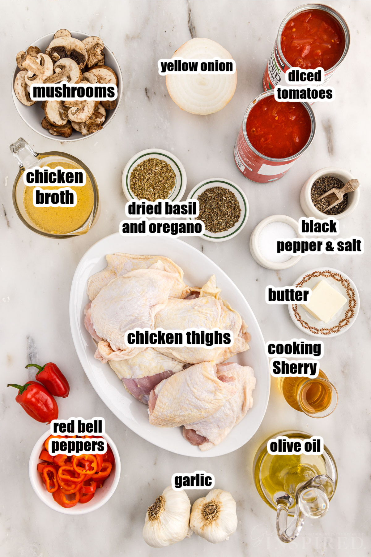 Individual ingredients for chicken cacciatore.