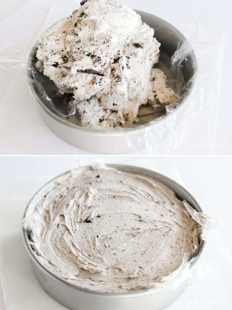 mounded cookies n cream ice cream in plastic lined silver cake pan and spread evenly in cake pan