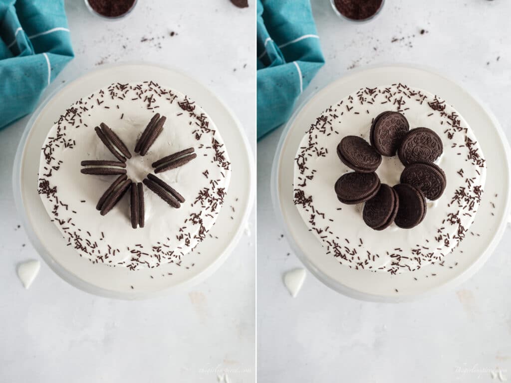 side by side overhead photos of frosted cake on white platter with chocolate sprinkles showing circle of oreos standing in a spoke shape and then collapsed overlapping flat