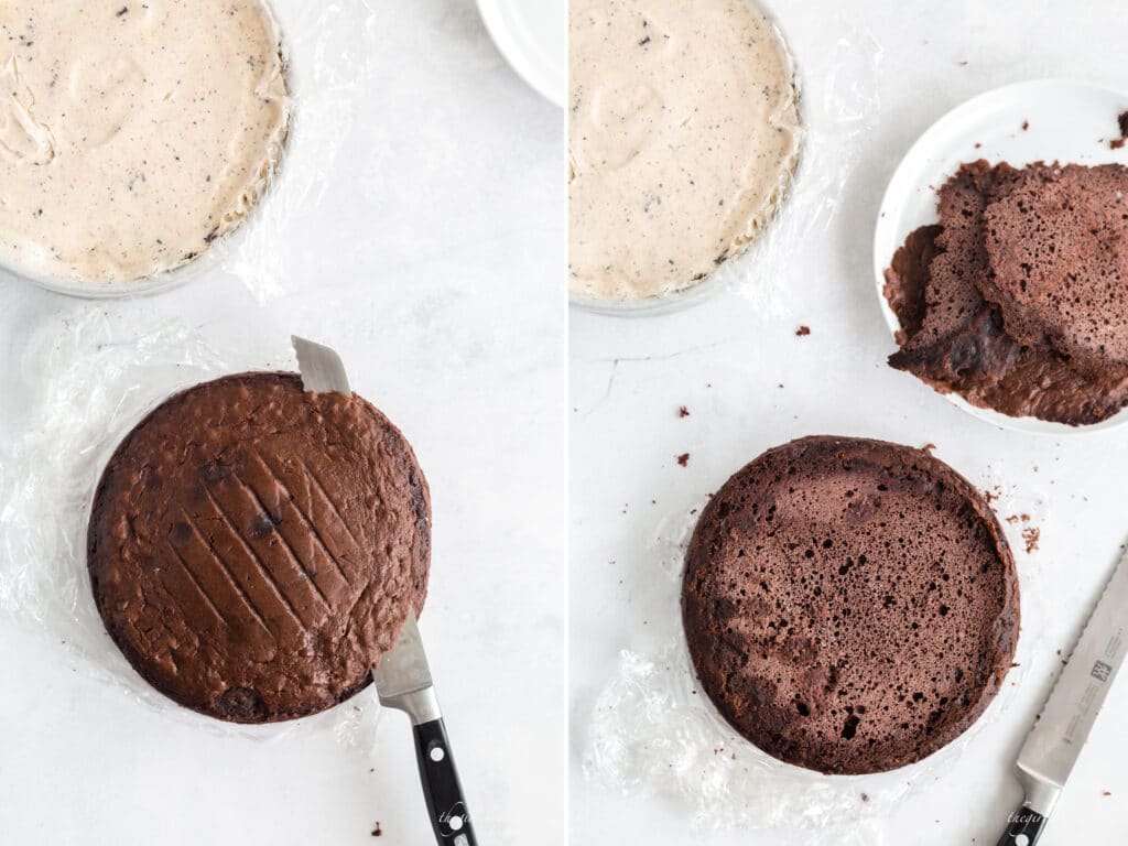 side by side overhead photos of chocolate cake layer with the top dome sliced off, knife, white plate, ice cream layer