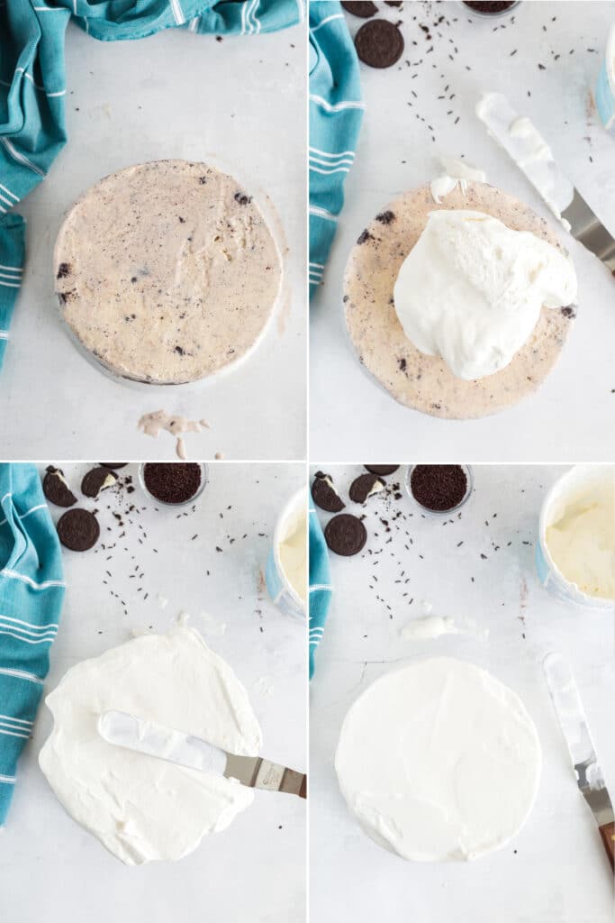 photo collage showing overhead step by step mounding frosting on ice cream cake and spreading it across top and around the sides
