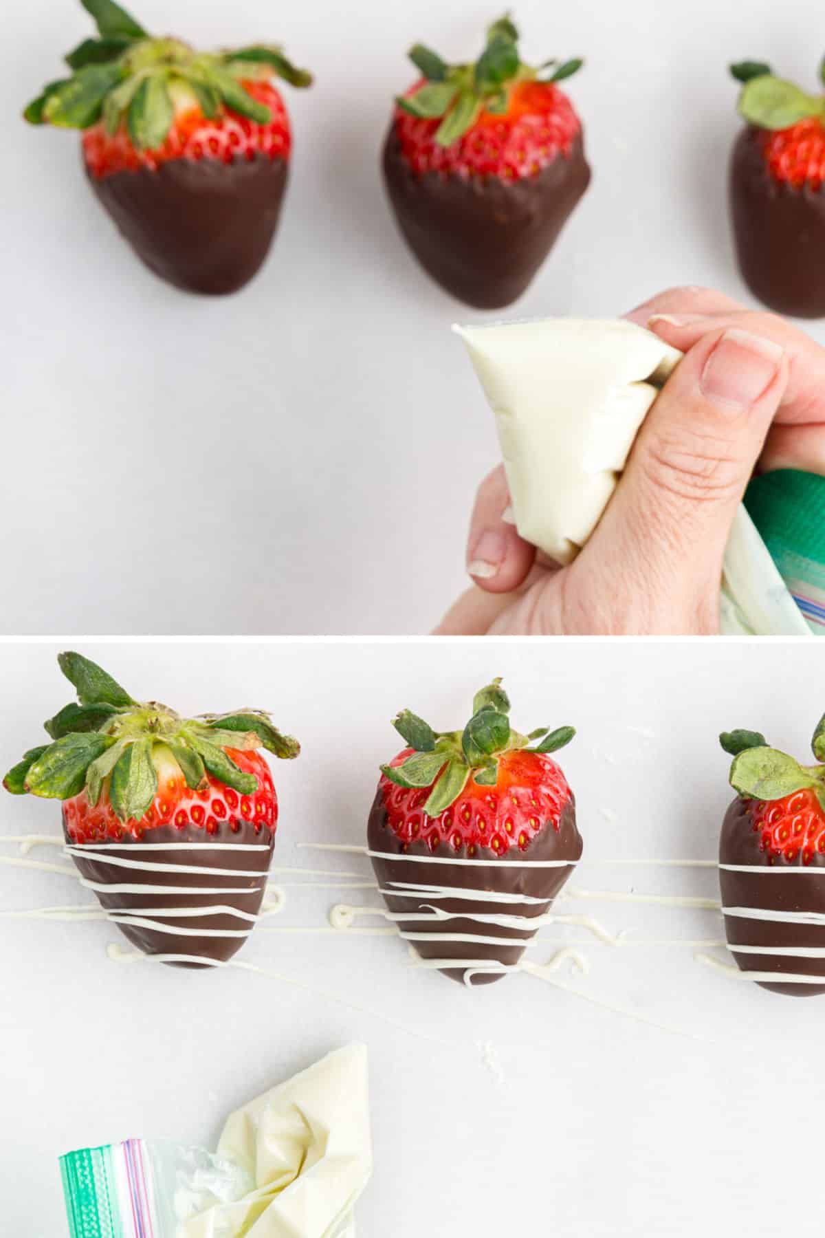 Collage showing melted white chocolate in baggy and drizzled over dark chocolate covered strawberries.