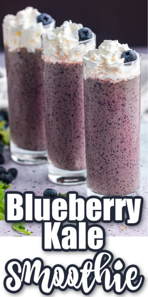 three tall glasses filled with blueberry kale smoothie and blueberries in white basket and bananas in the background