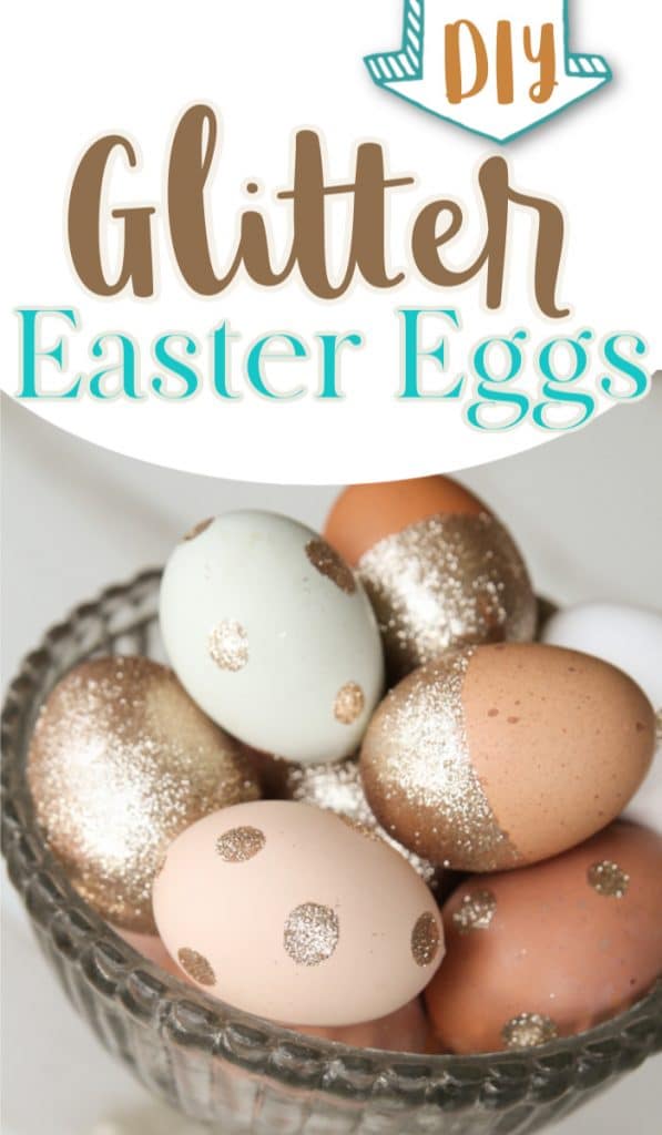 Natural colored Easter egg decorations with glitter in silver bowl with text overlay