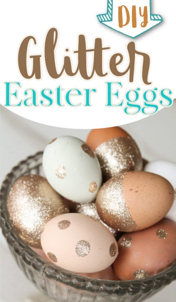 Natural colored eggs with glitter embellishments in silver bowl with text overlay