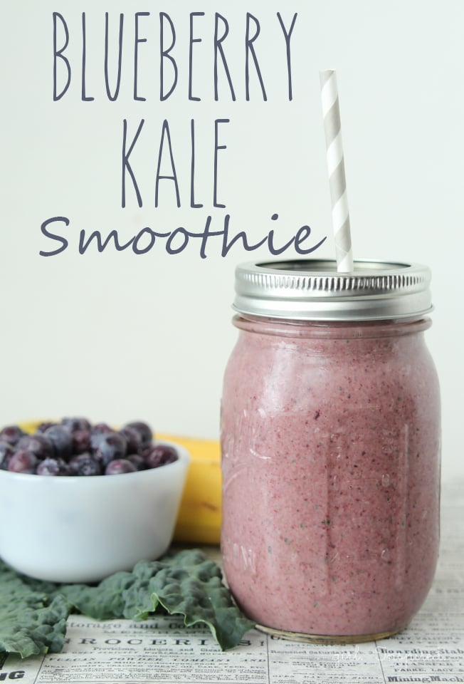 Blueberry Kale Smoothie in mason jar with straw