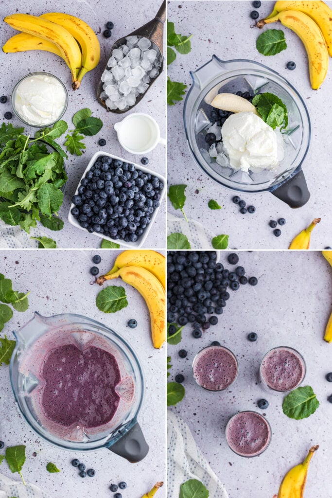 photo collage of steps to make blueberry kale smoothie: bananas, yogurt, kale, blueberries, and ice, then placed in blender, blended together, and in three glasses