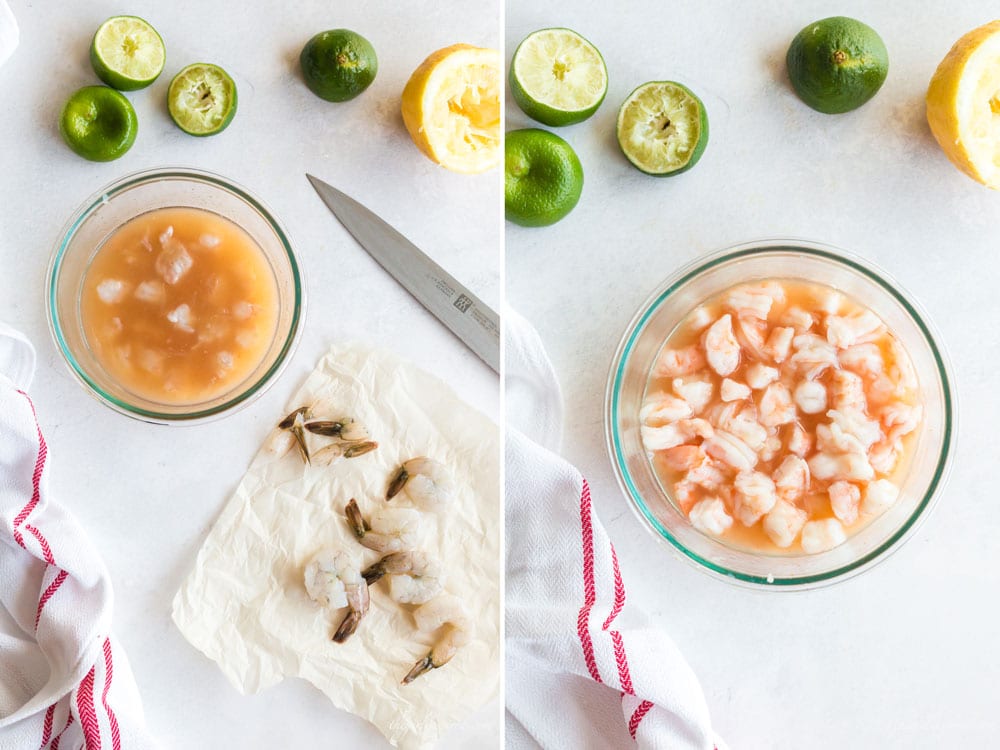 photo collage raw shrimp on parchment paper then placed in glass bowl of citrus juice, lemon and lime rinds, pink shrimp soaking in bowl