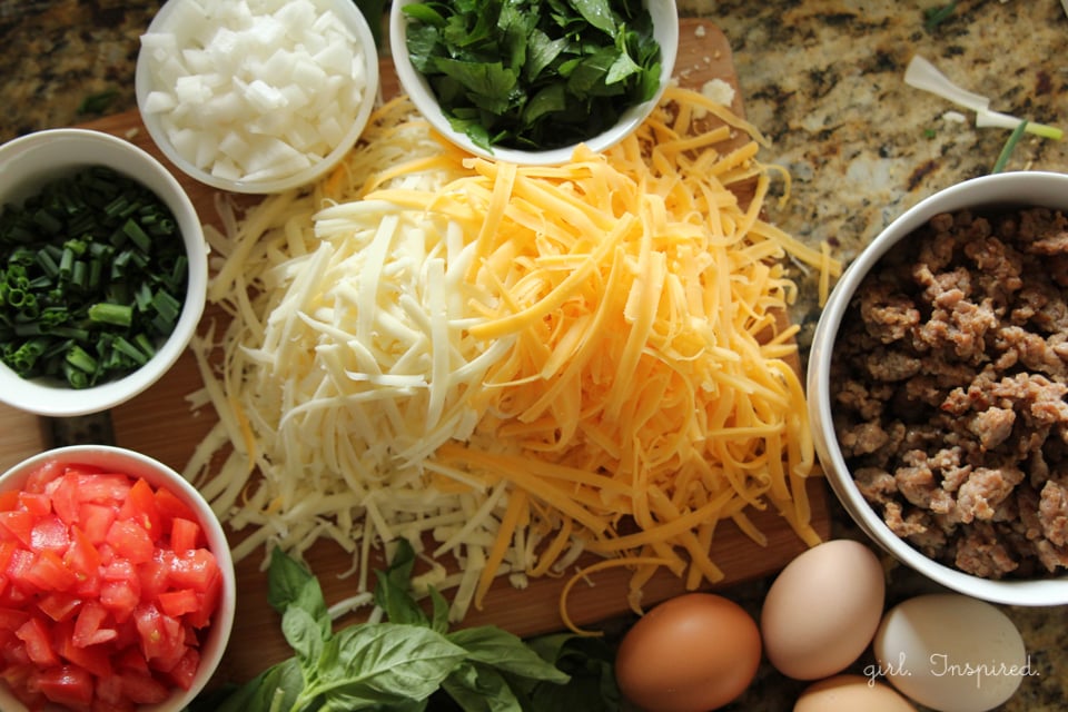 Cheesy Egg Bake serves 12 people - uses all your omelet favorites!