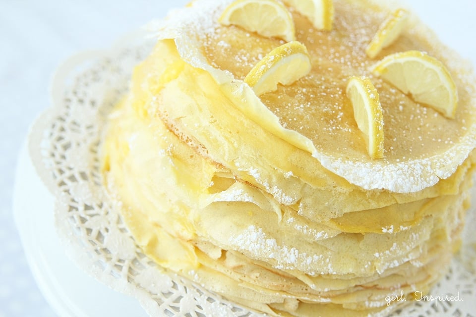 Lemon Crepe Cake - a tower of crepes layered with pastry cream and lemon filling