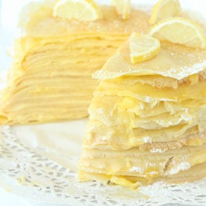 Lemon Crepe Cake - a tower of crepes layered with pastry cream and lemon filling