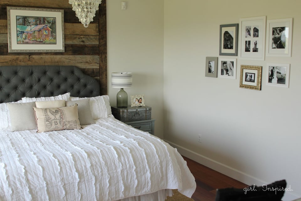 Master Bedroom Reveal with wood wall, specialty paint techniques, and upholstered headboard