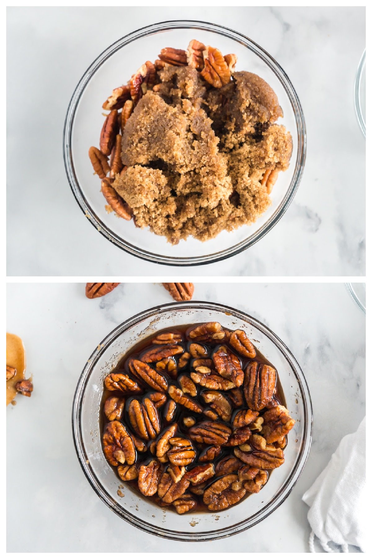 Combining the brown sugar, pecans, and brandy in a glass mixing bowl.