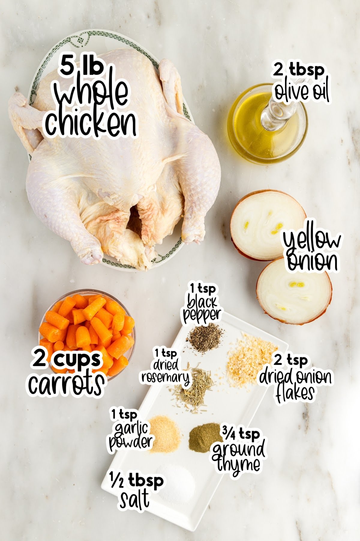 Ingredients needed to make oven baked herb roasted chicken.