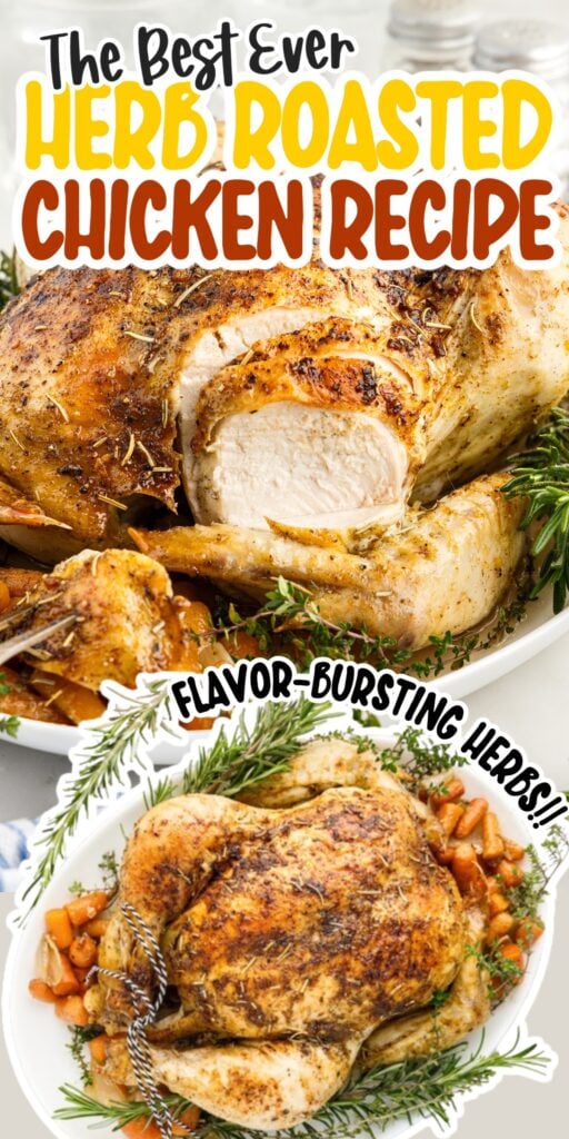An herb roasted chicken that is partly carved with text overlay.
