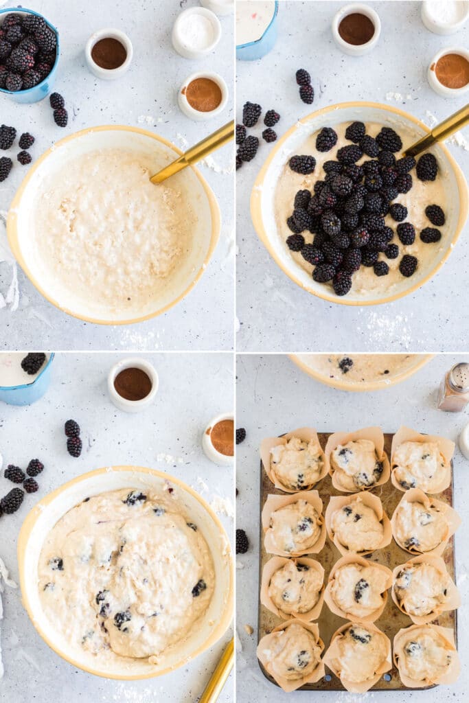 photo collage showing batter in bowl, blackberries added to batter and stirred in, and muffin batter filling 12-cup muffin tin