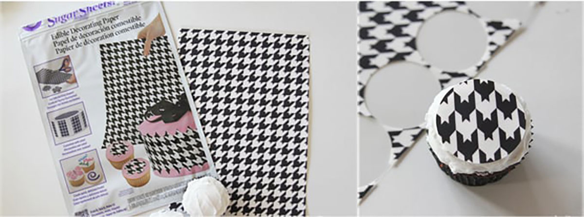 Collage showing packet of houndstooth edible wafer paper and cutting a circle and applying it to a Halloween cupcake.