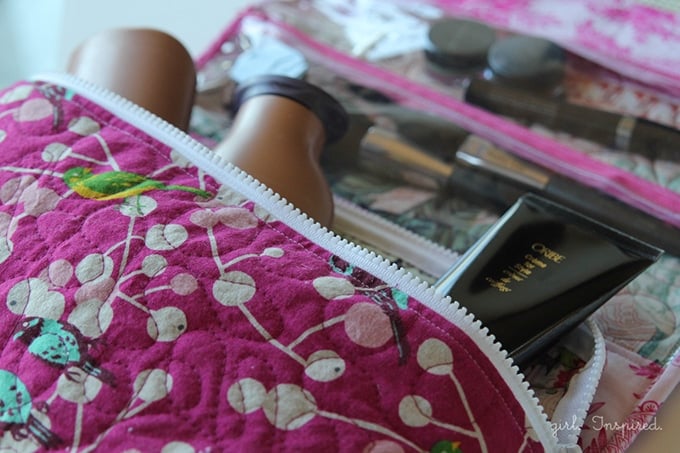 Hanging Cosmetics Bag - a great sewing project with zippers, vinyl, hardware, and pockets to fit everything!