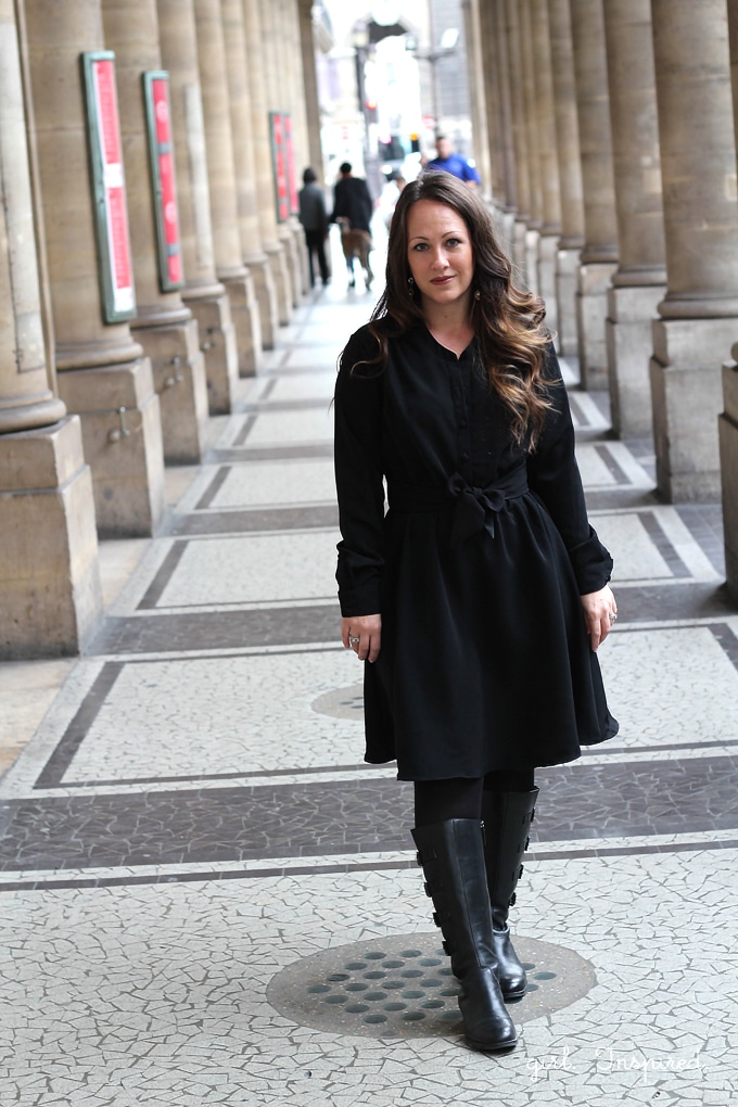 Marigold Dress Pattern Review - sewn in black peachskin, worn in Paris