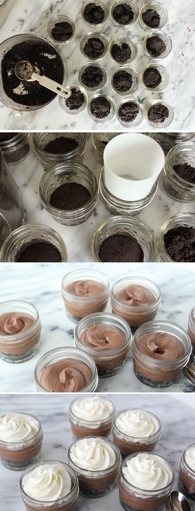 step by step photos of making mini chocolate cream pies - scooping cookie crumbles into mason jars, pressing the crumbles down, a swirl of chocolate filing, and finished with a swirl of whipped cream