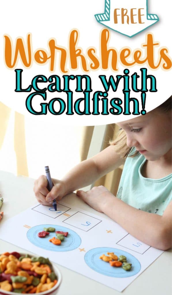 girl with blue crayon writing numbers on worksheet counting goldfish crackers with text overlay