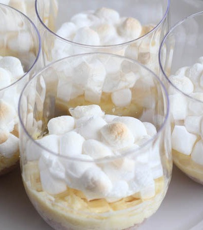 cheesecake parfaits with toasted marshmallows in plastic stemless wine glasses