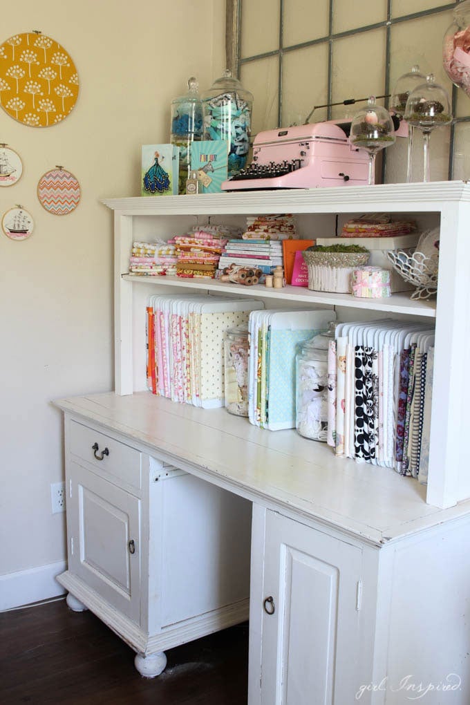 Sewing Room Tour - ideas for storing fabric, tools, a large workspace and desk - and lots of little decorative details!