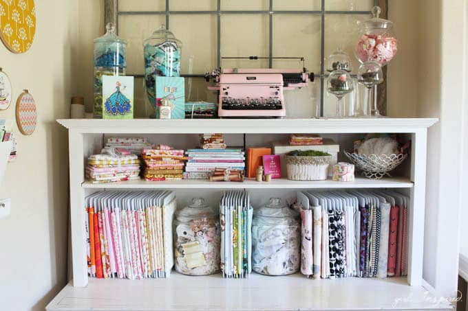 Sewing Room Tour - ideas for storing fabric, tools, a large workspace and desk - and lots of little decorative details!