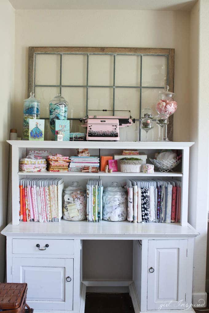 Sewing Room Tour - ideas for storing fabric, tools, a large workspace and desk - and lots of little decorative details!