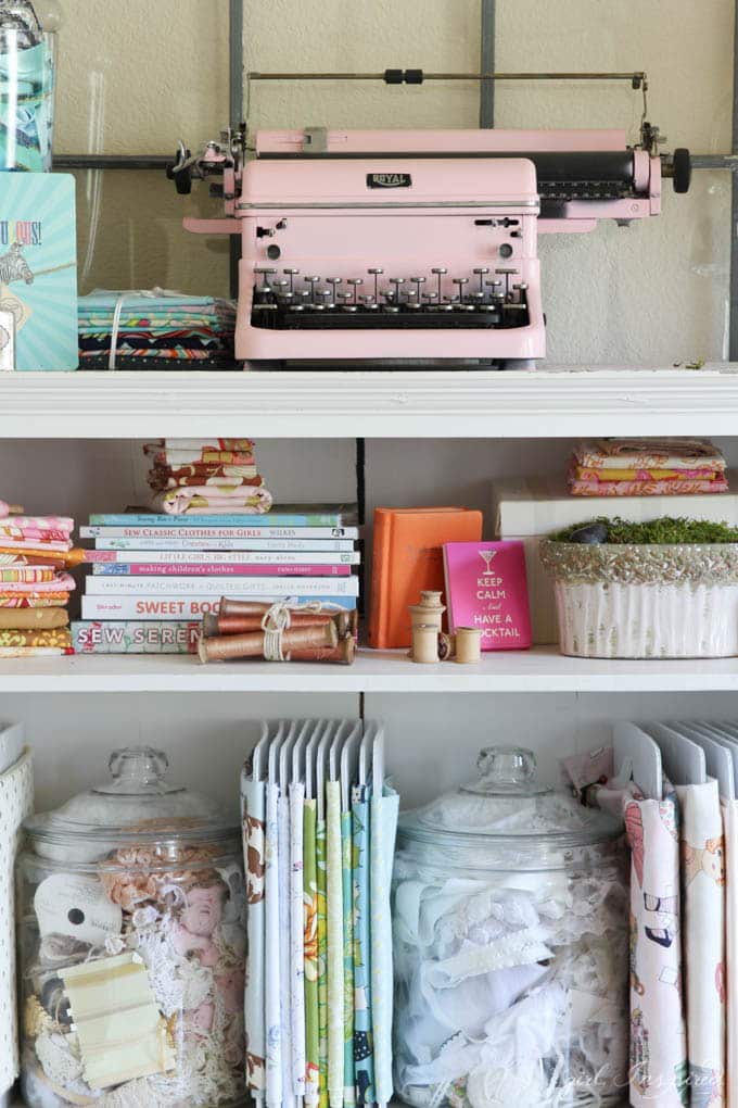 Sewing Room Tour - ideas for storing fabric, tools, a large workspace and desk - and lots of little decorative details!