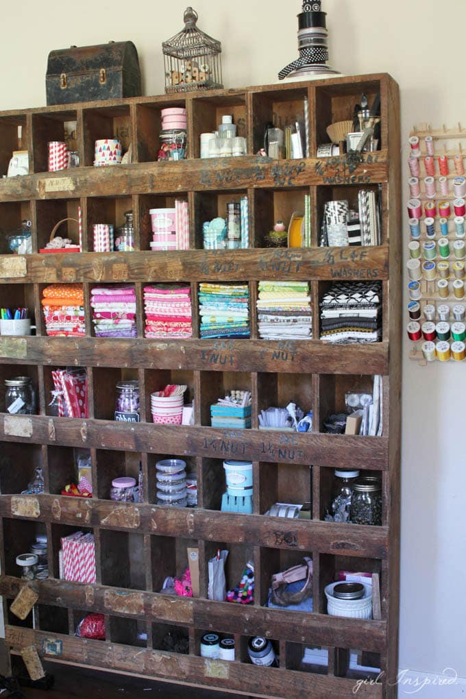 Sewing Room Tour - ideas for storing fabric, tools, a large workspace and desk - and lots of little decorative details!