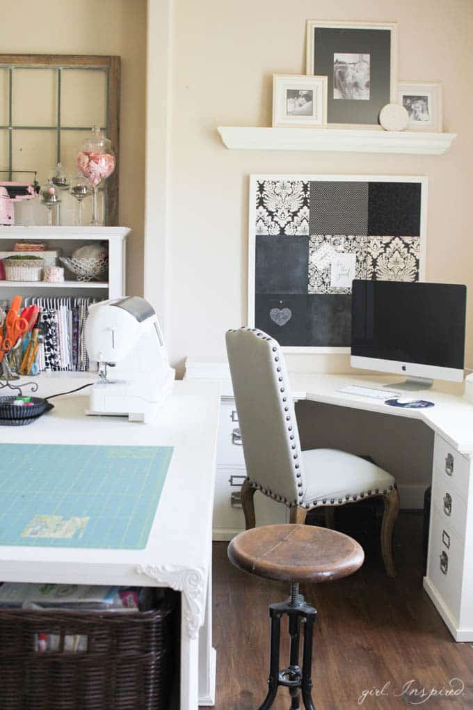 Sewing Room Tour - ideas for storing fabric, tools, a large workspace and desk - and lots of little decorative details!