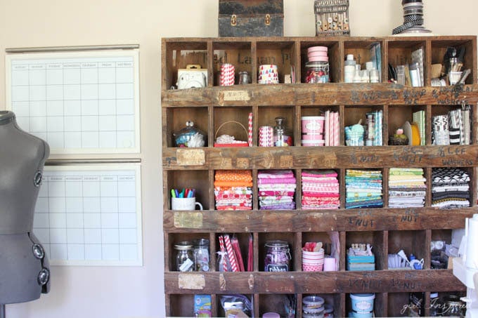 Sewing Room Tour - ideas for storing fabric, tools, a large workspace and desk - and lots of little decorative details!