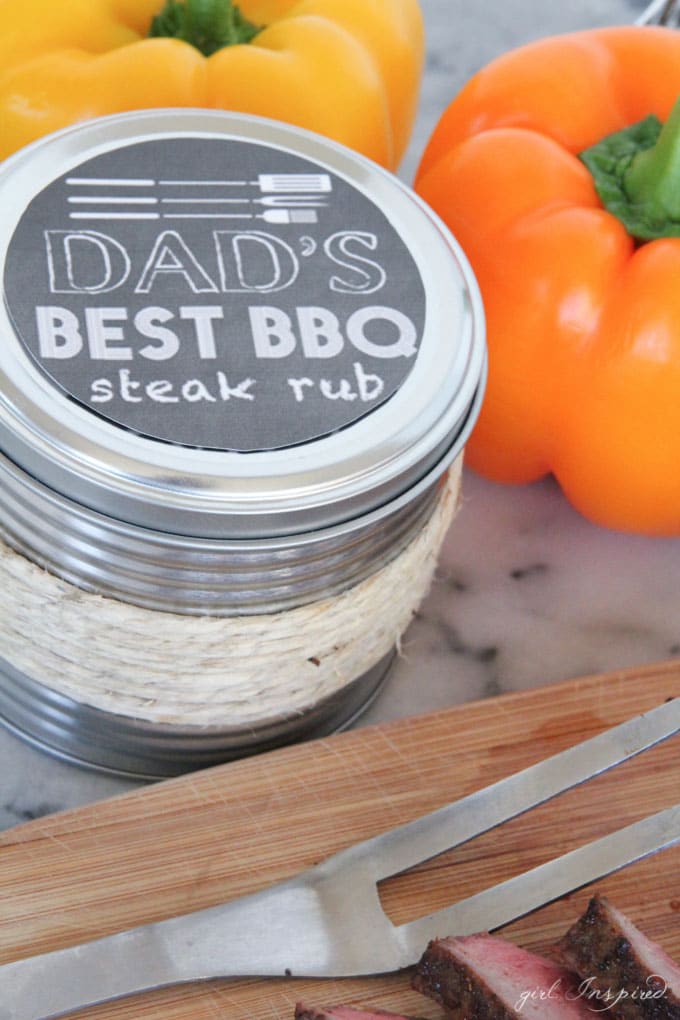 spice rub container with 'Dad's best barbecue steak rub' label and bell peppers